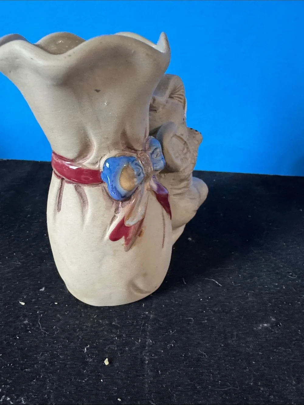 Vintage small Ceramic Elephant Vase with Bow Accent - Beige with Red & Blue